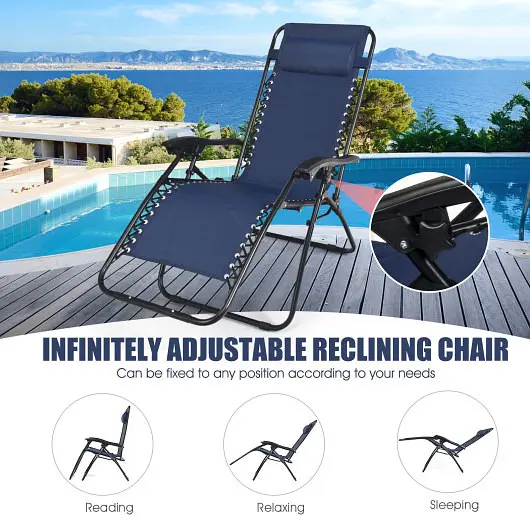 Costway 3 Count Folding Travel-friendly Zero Gravity Reclining Lounge Chairs Table Set, Navy, OP3475NY