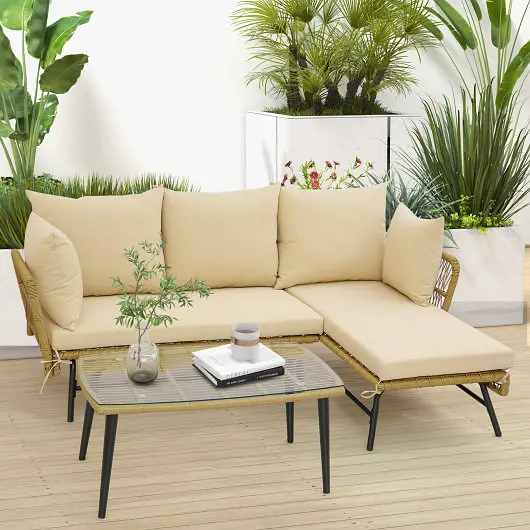 Costway 3 Count L, Influenced Patio Sofa Cushions and Tempered Glass Table, Beige, HW71133BN+
