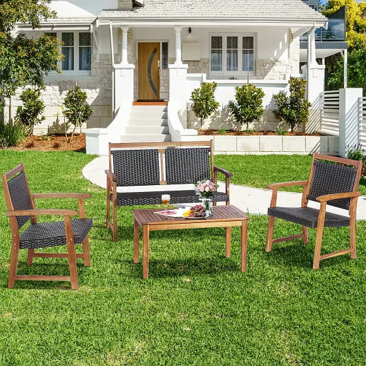 Costway 4 Count Outdoor Patio Rattan Furniture Sofa Set Acacia Wood Frame, HW67677
