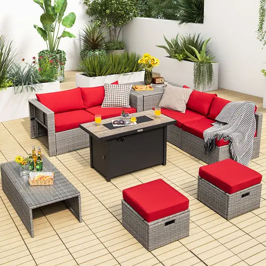 Costway 9 Count Patio Furniture Set 42 Inches 60000 BTU Fire Pit, Ruby, OP70369+HW68604RE+