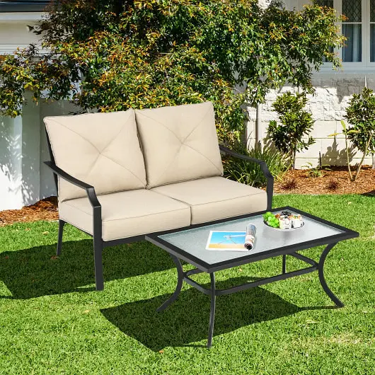 Costway 2 Count Patio Outdoor Cushioned Sofa Bench Coffee Table, Beige, NP10084WL-BE