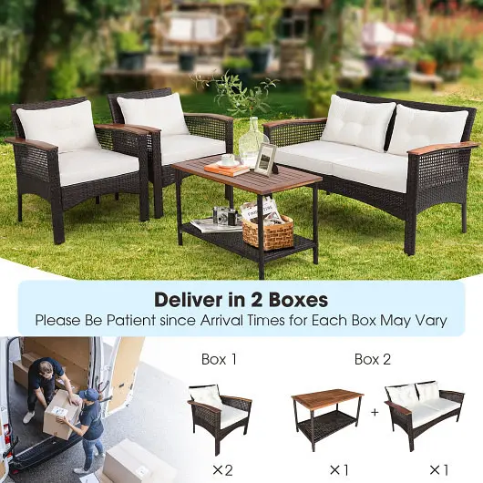 Costway 4 Count Patio Rattan Acacia Wood Furniture Set Cushions and Armrest, HW69538+