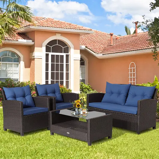 Costway 4 Count Patio Rattan Furniture Set Tempered Glass Coffee Table, Navy, HW66742NY+