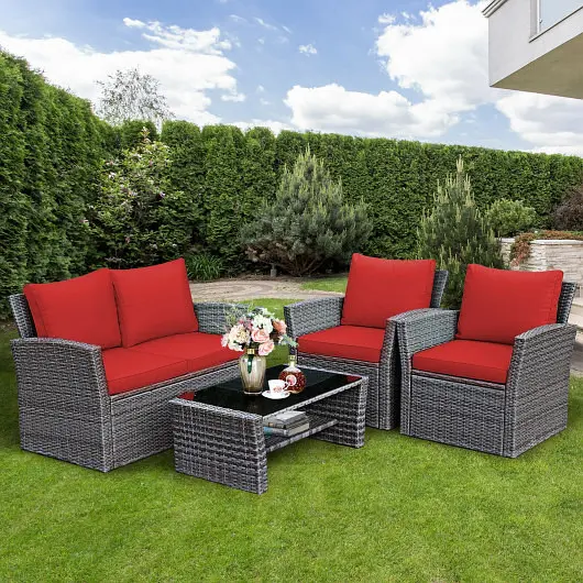 Costway 4 Count Patio Rattan Furniture Set Sofa Table Storage Shelf Cushion, Cherry Red, HW67841CRE+