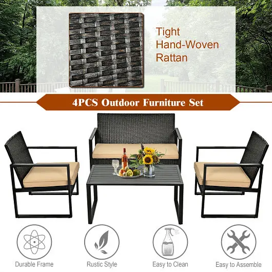 Costway 4 Count Patio Rattan Furniture Set Seat Cushions and Coffee Table, HW64403
