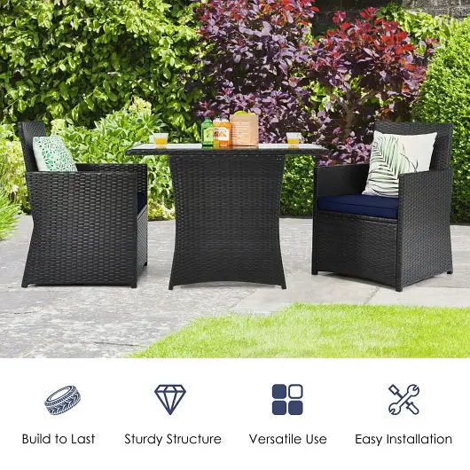 Costway 3 Count Patio Rattan Furniture Set Cushion and Sofa Armrest, Navy, HW68178NY