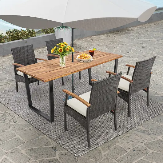 Costway 5 Count Patio Wicker Chair and Dining Table Set 2 Inch Umbrella Hole, HW70831-4+HW70840