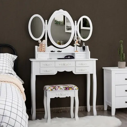 Costway 7 Drawer Tri-Folding Mirror Dressing Vanity Makeup Set, Snow White, HW66131WH