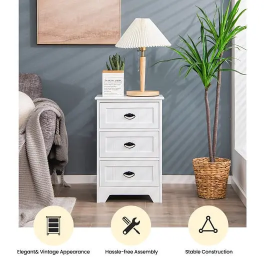 Costway 3 Drawers End Storage Wood Side Nightstand, Cream, HU10088WH