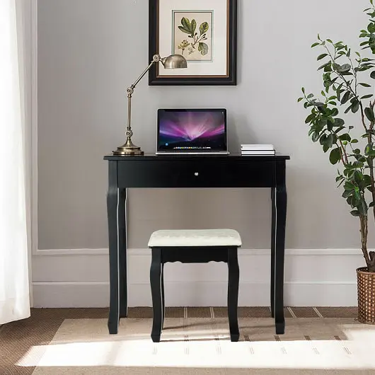 Costway 3 Drawers Lighted Mirror Vanity Dressing Table Stool Set, Jet Black, HW66078BK