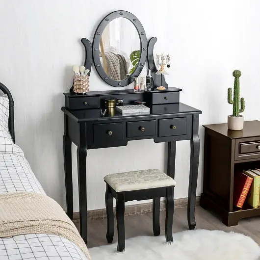 Costway 5 Drawers Vanity Table Stool Set 12, LED Bulbs, Black, HW66079BK