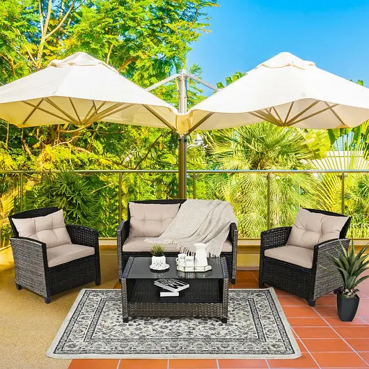 Costway 4 Each Outdoor Rattan Furniture Set Glass Table, HW68640B+