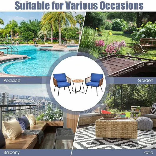 Costway 3 Each Patio Bistro Furniture Set Armrest and Soft Cushions, HW64408