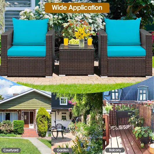 Costway 3 Each Patio Conversation Rattan Furniture Set Cushion, Turquoise, HW66531TU+