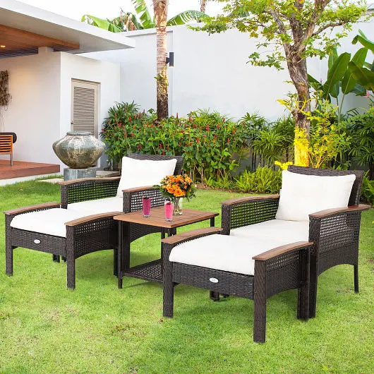 Costway 5 Each Patio Rattan Furniture Set Acacia Wood Table, HW69537+