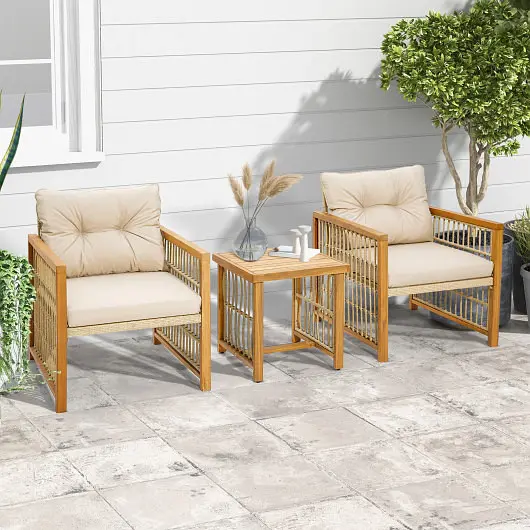 Costway 3 Each Patio PE Wicker Conversation Set Acacia Wood Frame and Cushions, Beige, HW70916BN