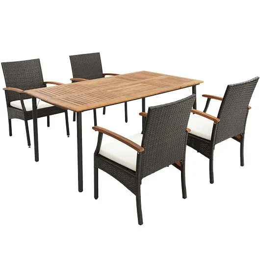 Costway 5 Each Patio Wicker Cushioned Dining Set Wood Armrest and Umbrella Hole, HW70831-4+KC55629