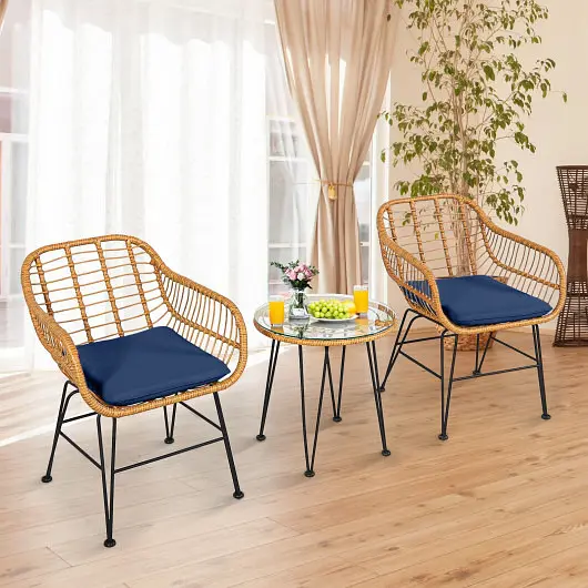 Costway 3 Each Rattan Furniture Set Cushioned Chair Table, Navy, OP70839NY
