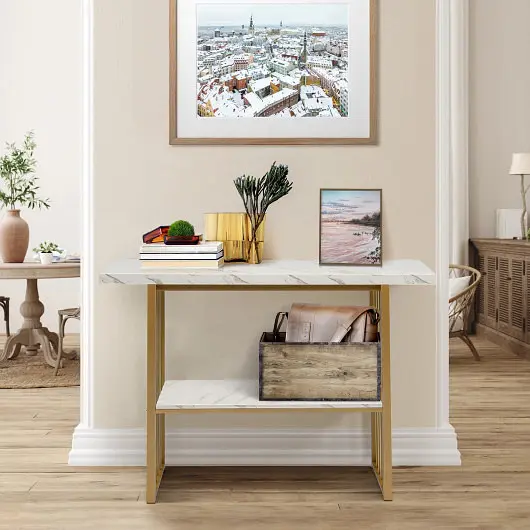 Costway 48 Inch 2-Tier Console Table Gold Finished Frame, Snow White, JV10498WH