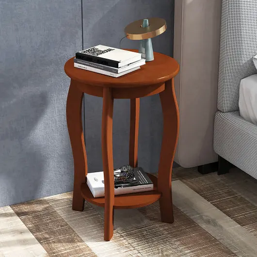 Costway 15 Inch 2-Tier Round End Table Storage Shelf, Walnut, JV11159WN