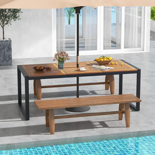 Costway 79 Inch Acacia Wood Patio Table 1.9 Inch Umbrella Hole Garden and Poolside, HW71610