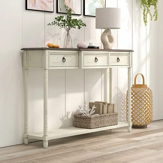 Costway 52 Inch Farmhoutilize Console Table 3 Drawers and Open Storage Shelf Hallway, JV11152