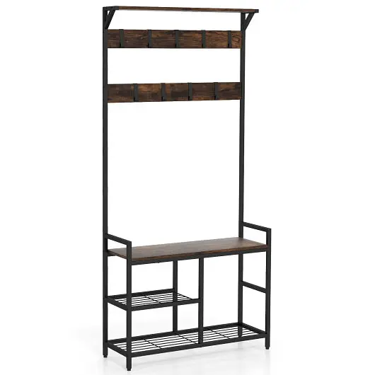 Costway 71 Inch Freestanding Hall Tree Shoe Bench and 9 Removable Hooks, Rustic Espresso, JZ10146CF