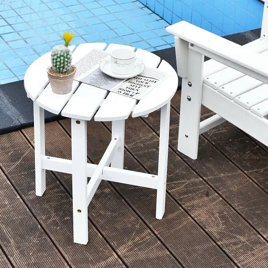Costway 18 Inch Patio Round Side Wooden Slat End Coffee Table Garden, Snow White, OP70933WH