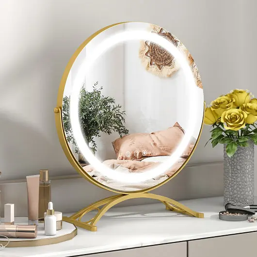 Costway 16 x 16 Inch Round LED Vanity Mirror 3-Color Lighting and Brightness Dimming, Golden, HU10612CA-GD