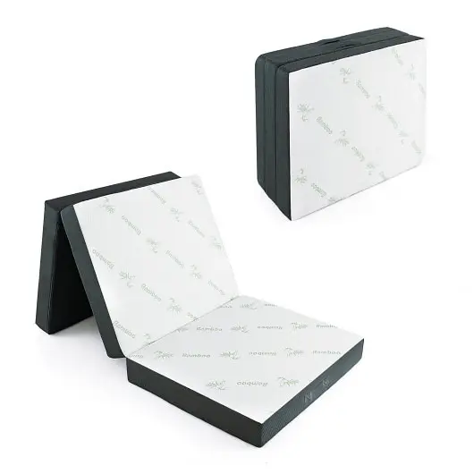 Costway 76 x 31 x 4 Inch Tri Folding Foam Mattress Bamboo Fiber Cover and Handle, Polished Silver Gray, HU10389GR