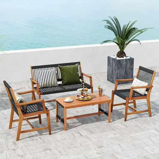 Costway 4 Individual Acacia Wood Patio Conversation Table and Chair Set Hand Woven Rope, HW70892+