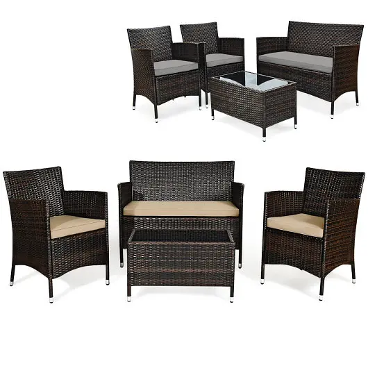 Costway 4 Individual Cozy Outdoor Rattan Sofa Set Glass Coffee Table, Beige & Grey, HW67772BG