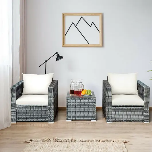 Costway 3 Individual Patio Rattan Furniture Bistro Sofa Set Cushioned, White, HW66530WH+