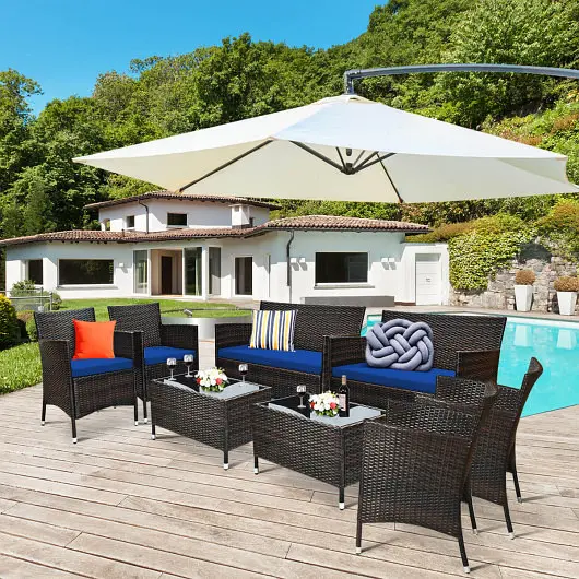 Costway 4 Individual Rattan Sofa Set Glass Table and Cozy Wicker Outdoor Patio, Navy, HW67772NY