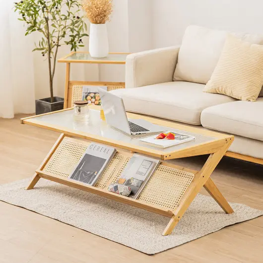 Costway Z, Influenced Handwoven Bamboo Coffee Table Tempered Glass Top, Bare, HV10470NA