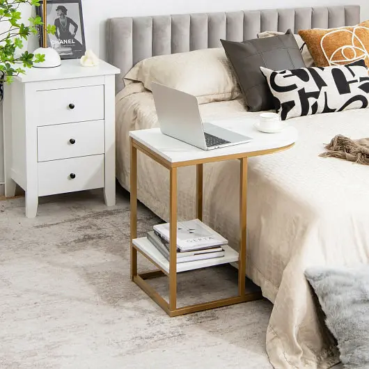 Costway C, Influenced Side Table Faux Marble Tabletop and Golden Steel Frame, White, JV10378WH