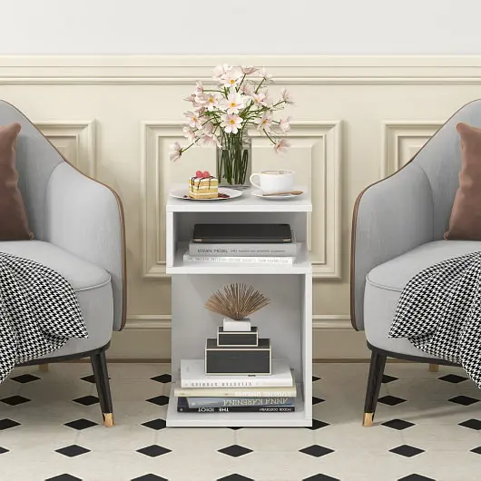 Costway S, Influenced Side Table One---kind S, Influenced Frame and 2 Open Compartments, White, JV11241WH