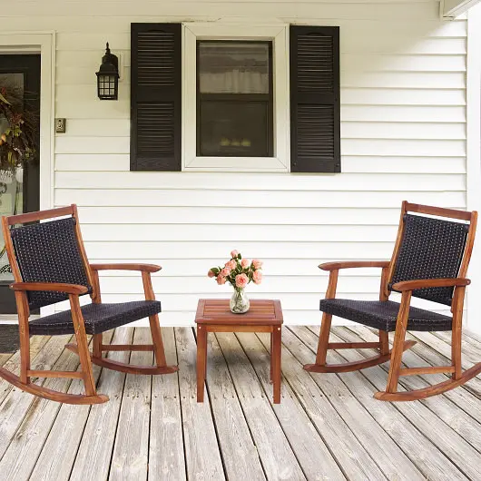 Costway 3 Items Acacia Wood Patio Rocking Chair Set Side Table, HW70454