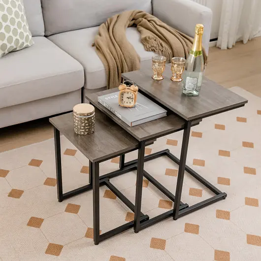Costway 3 Items Multifunctional Coffee End Table Set, Oak, JV11186OA