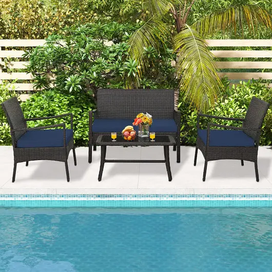 Costway 4 Items Outdoor Rattan Conversation Set Tempered Glass Coffee Table, Navy, HW70955NY