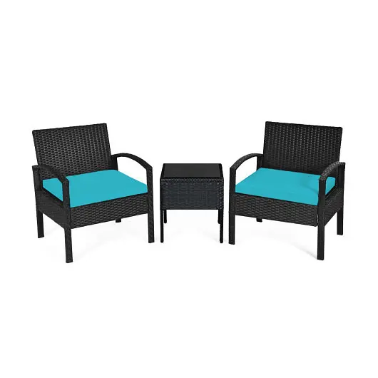 Costway 3 Items Outdoor Rattan Patio Conversation Set Seat Cushions, Turquoise, HW63218TU