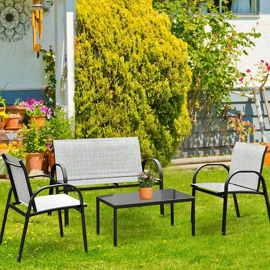 Costway 4 Items Patio Furniture Set Glass Top Coffee Table, Graphite, HW65848GR