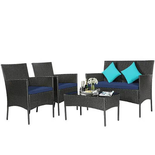 Costway 4 Items Patio Rattan Cushioned Sofa Set Tempered Glass Coffee Table, Navy, HW65357NY