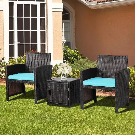 Costway 3 Items Patio Wicker Furniture Set Storage Table and Preserveive Cover, Turquoise, HW69444TU