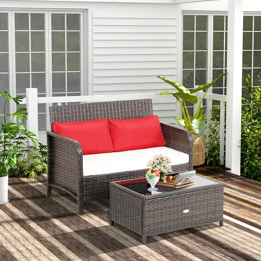 Costway 2 Items Wicker Loveseat Set Coffee Table, HW68970