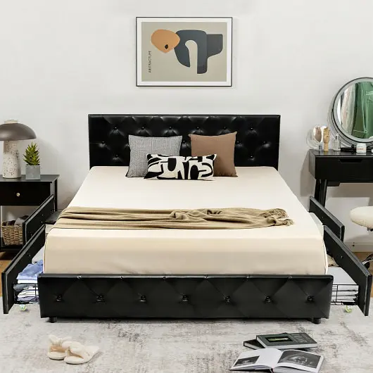 Costway PU Leather Upholstered Platform Bed 4 Drawers, Full Size, HU10176DK-F