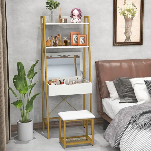 Costway OSHA-Compliant Ladder Vanity Desk Set Flip Top Mirror and Cushioned Stool, Golden, JV11144GD