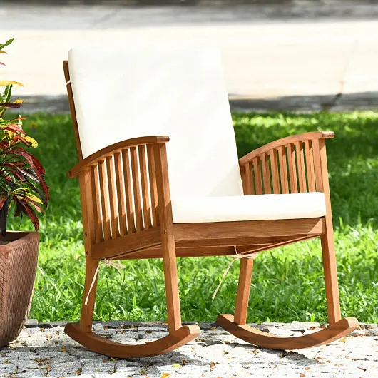 Costway Outdoor Acacia Wood Rocking Chair Detachable Washable Cushions, HW63886