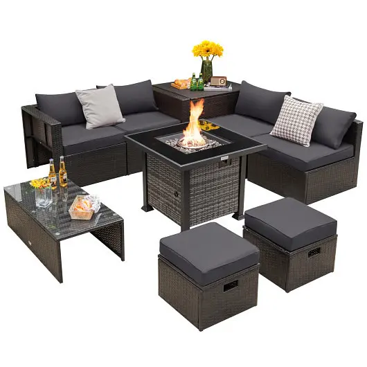 Costway Outdoor 9 Items Patio Furniture Set 50 000 BTU Propane Fire Pit Table, Charcoal, NP10618GR+HW68592GR+