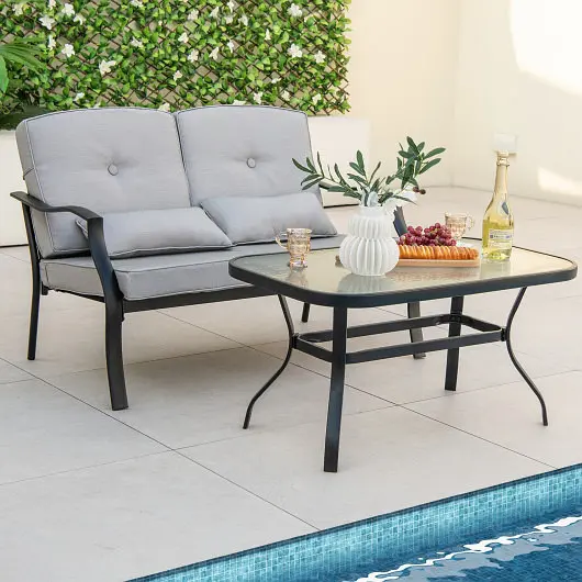 Costway Outdoor Loveseat Chair Set Tempered Glass Coffee Table, NP10926GR-12